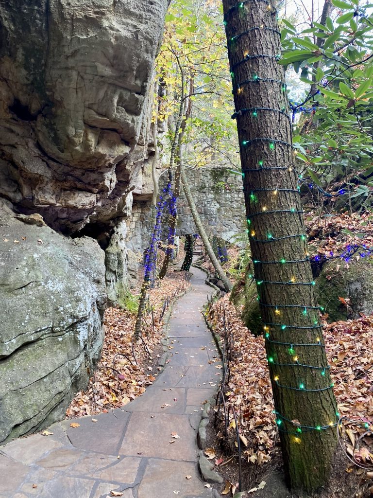 Beleuchtete Bäume am Wanderweg durch Rock City